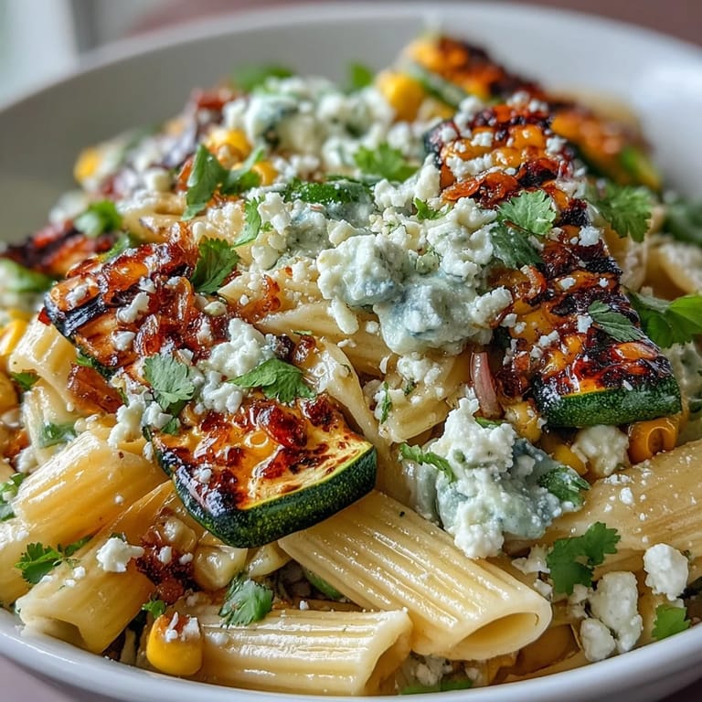 Freshly grilled zucchini and sweet corn tossed with pasta, cherry tomatoes, red onion, and tangy Cotija cheese.  
