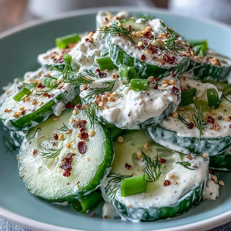 Refreshing cucumber salad with bold everything bagel dressing, perfect as a light snack or side dish.