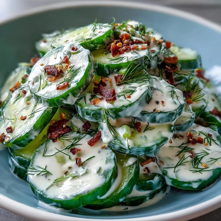 Crisp cucumbers tossed in creamy tangy dressing, sprinkled generously with everything bagel seasoning for savory crunch.