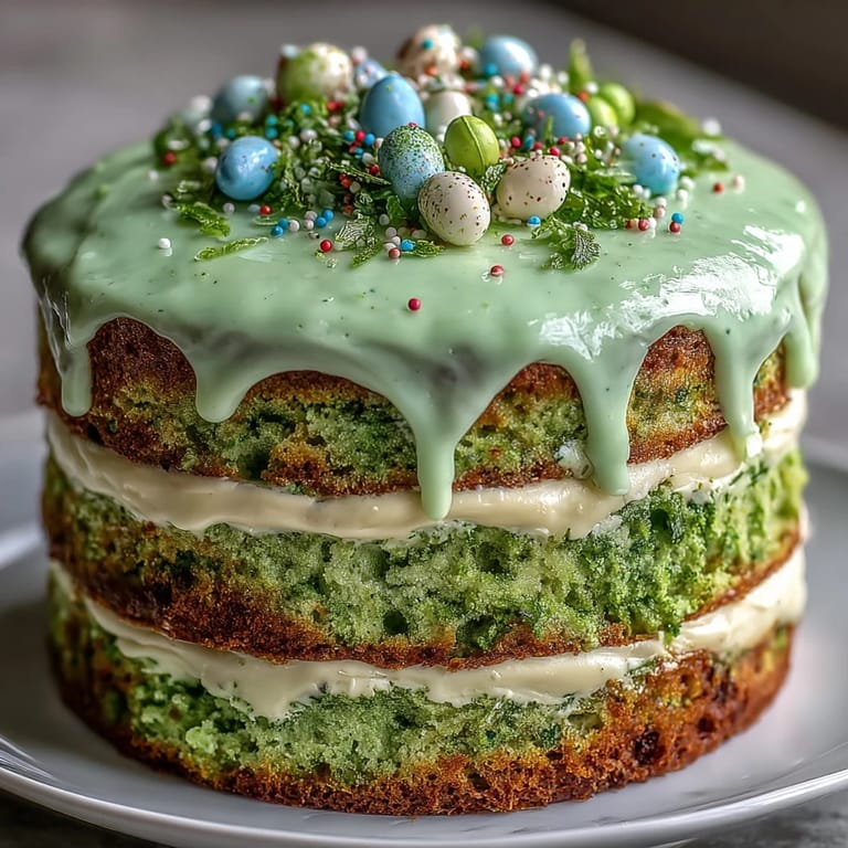 Vibrant green matcha cake with smooth vanilla frosting, decorated with sprinkles for a festive brunch centerpiece.