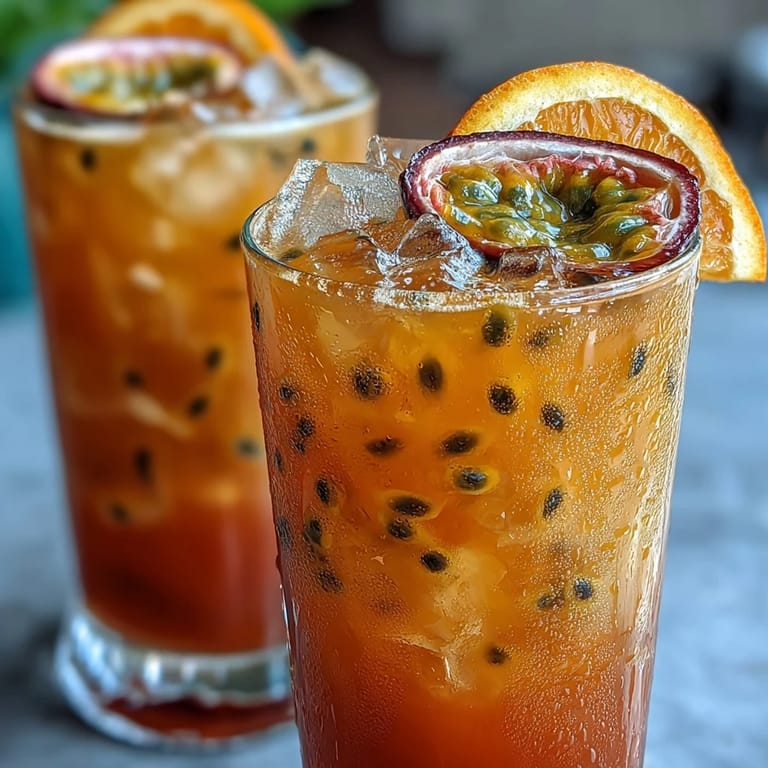 Vibrant layers of passionfruit, orange, and pineapple juices create a stunning sunrise effect in this refreshing, easy-to-make mocktail.