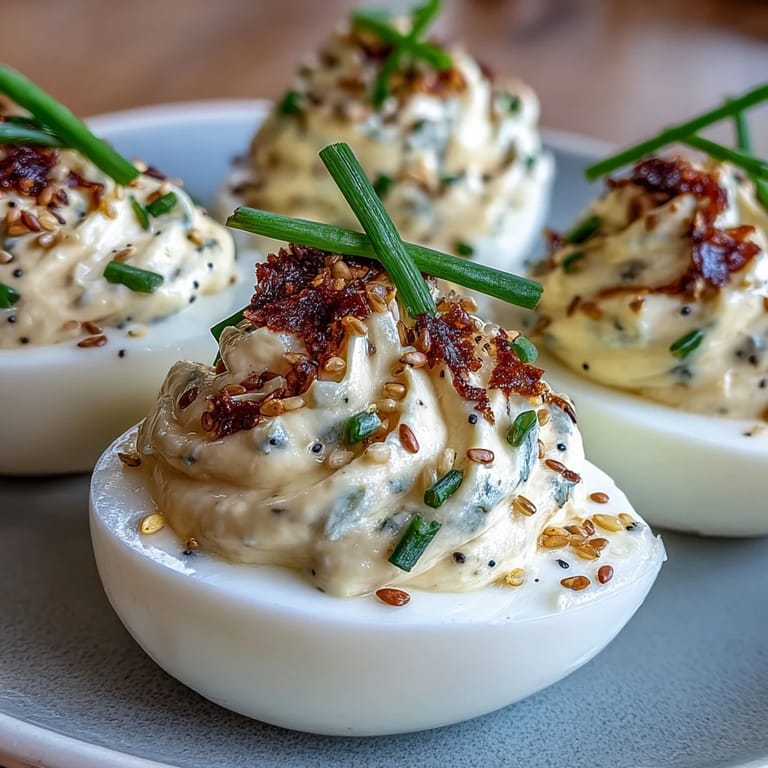 Everything bagel deviled eggs with smooth cream cheese filling, garnished with chives for a savory bite.  
