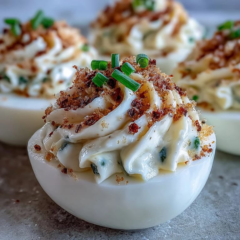 Classic deviled eggs get a twist with everything bagel seasoning and rich cream cheese, perfect for parties.