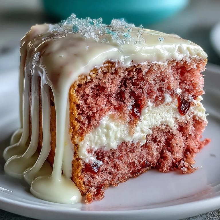A glamorous pink velvet cake infused with rosé wine, crowned with cream cheese frosting and shimmering gold drip accents.  
