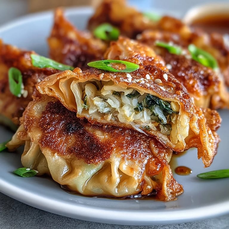 Golden pan-fried cabbage dumplings arranged on a plate, showcasing their crispy texture and savory vegetable filling.