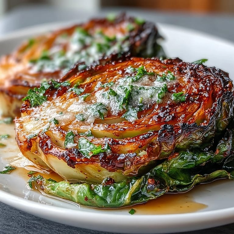 Oven-roasted cabbage steaks with smoky paprika and garlic, golden brown edges and bright lemon finish for a vibrant vegan side dish.