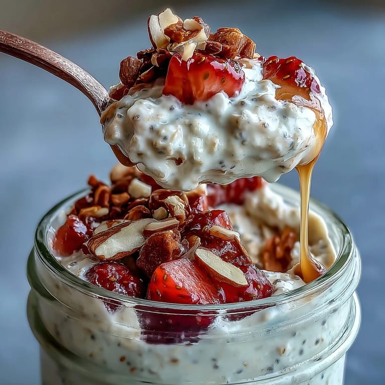 Overnight oats infused with vanilla and layered with fresh strawberries, served chilled in a glass jar.