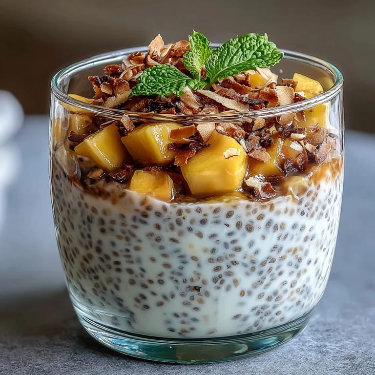 Rich, dairy-free mango chia pudding with juicy fruit and mint garnish, a refreshing gluten-free treat.