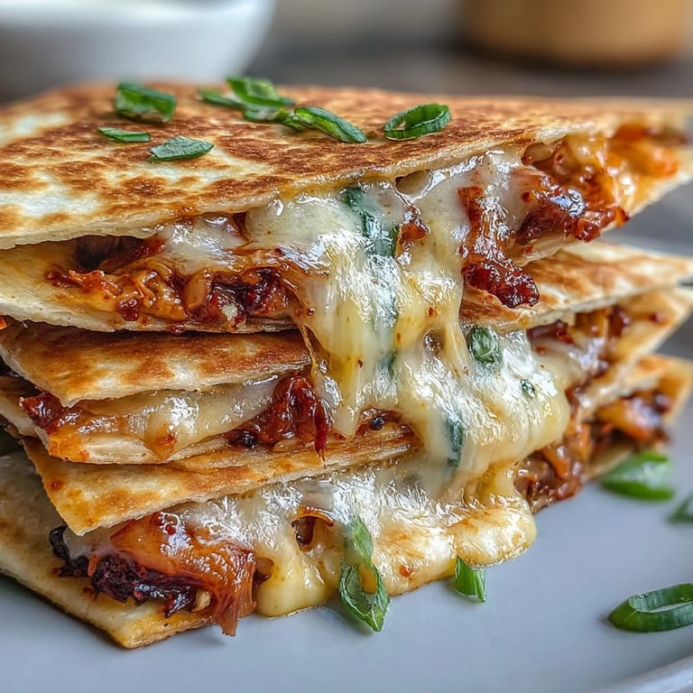 Warm flour tortillas stuffed with gooey mozzarella and sharp cheddar, folded over zesty kimchi for a satisfying fusion snack.