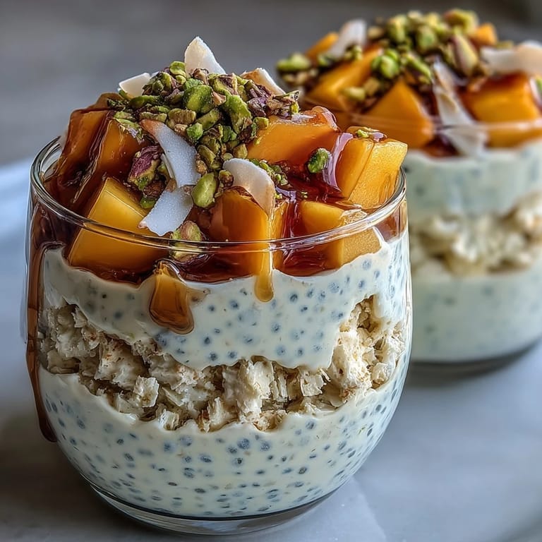 Luscious mango layered Skyr Protein Chia Pudding, a healthy, refreshing breakfast.