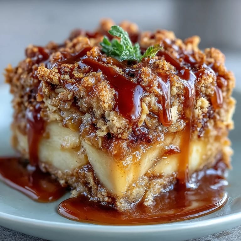 Slice of Father's Day Whiskey Caramel Apple Crisp with rich, buttery oat topping.