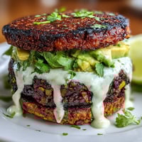 1. Vegan sweet potato black bean burgers topped with creamy avocado lime sauce and fresh lettuce on a toasted bun.