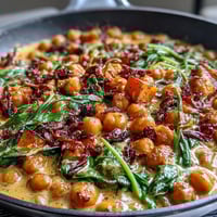 Creamy Coconut Curry Chickpea Skillet with Sweet Potatoes and Spinach in a fragrant sauce.