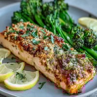 Keto garlic parmesan salmon with roasted broccoli and lemon wedges on a baking sheet, golden crust glistening under oven light.