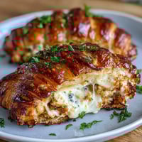 Decadent Chicken Pillows with Garlic Parmesan Sauce: golden baked crescents filled with creamy chicken and cheese, brushed with buttery garlic Parmesan topping.