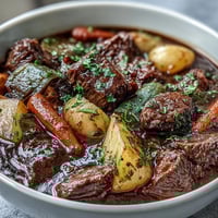 A steaming bowl of cozy beef stew with tender chunks of beef and colorful root vegetables in a savory broth.