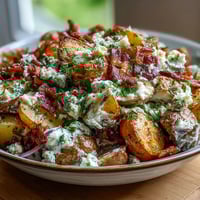 Creamy BBQ Baby Shower Loaded Baked Potato Salad with smoky bacon, cheddar cheese, and fresh herbs on a rustic platter.
