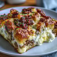 Amish Breakfast Casserole with Hash Browns, Eggs and Sausage, golden and bubbling, ready to serve with crispy sausage and melted cheese.