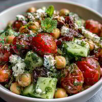 A colorful bowl of Cold Chickpea Salad with Lemon Herbs, bursting with fresh vegetables and zesty dressing.