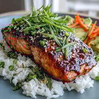 Quick teriyaki salmon bowl with glazed fillets, fresh vegetables, and fluffy jasmine rice. A vibrant, easy dinner perfect for busy weeknights.