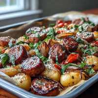 Golden sheet pan gnocchi with sausage and peppers, roasted until crispy and fragrant for a quick, satisfying dinner.  