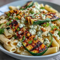 A colorful summer pasta salad with grilled zucchini, sweet corn, and crumbled Cotija cheese in zesty lime dressing.  